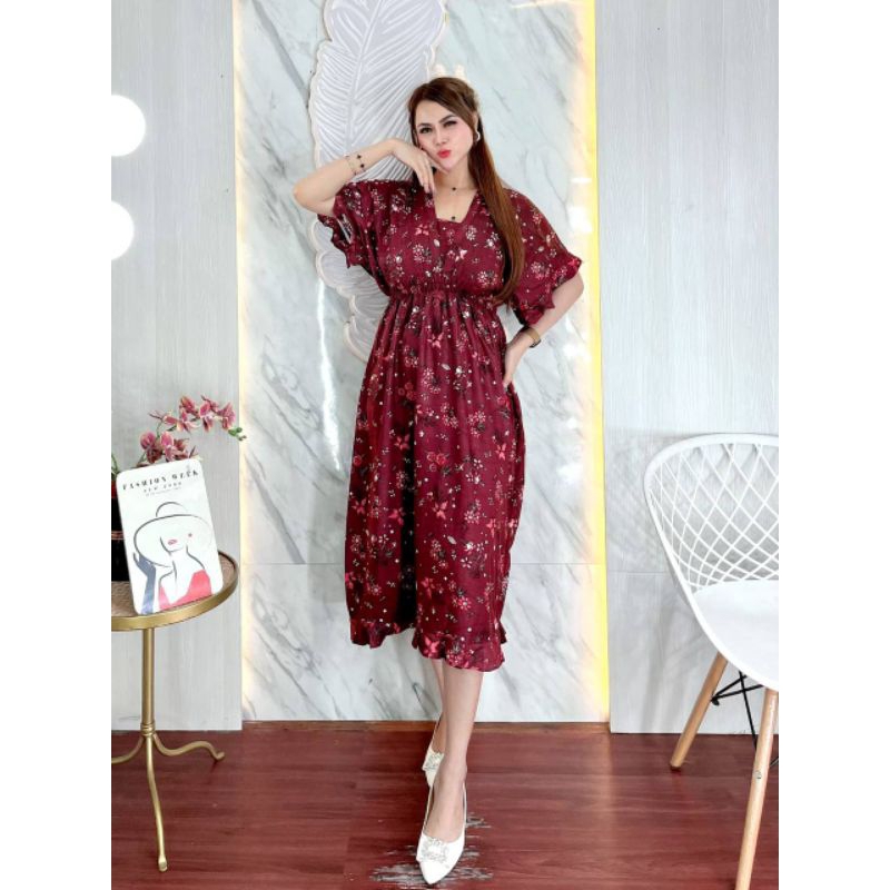 Daster Pantai Rayon Bali Motif Bunga v neck dress wanita kekinian