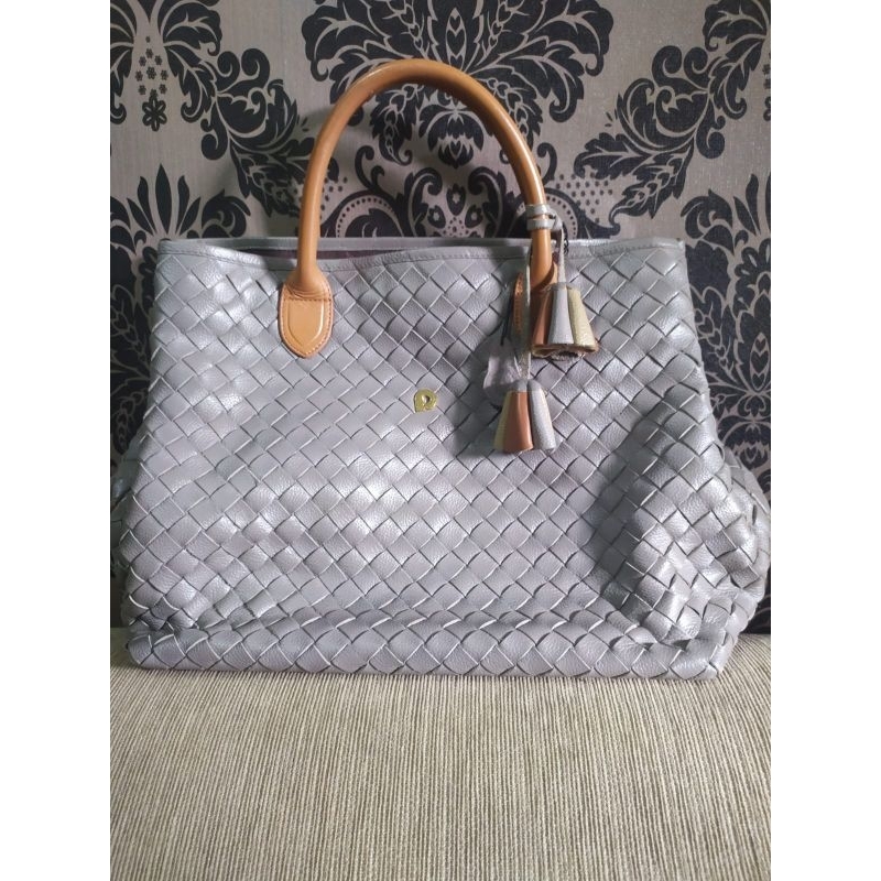 Preloved Tas Papillon Kulit Anyam Grey Size Besar Like New