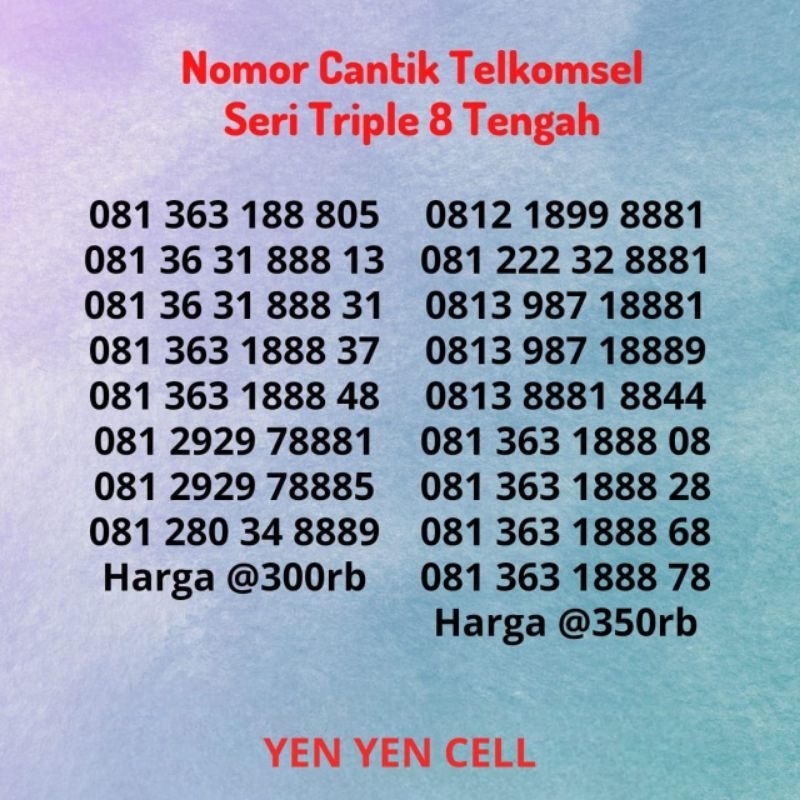 Nomor Cantik Kartu Perdana Telkomsel Simpati Seri Triple 8 Tengah / 888 Tengah Versi Harga @300K-350