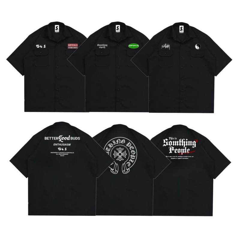Workshirt SOMTHING.CO Oversize  - Kemeja lengan pendek motif bordir American drill  | kemeja hitam p