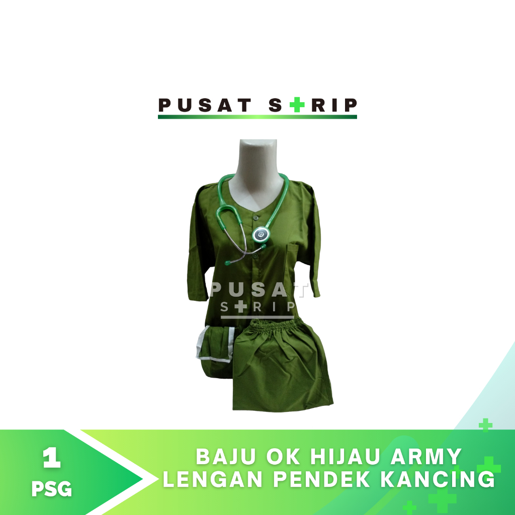 Baju OK Hijau Army Lengan Pendek Baju Kancing Celana Karet