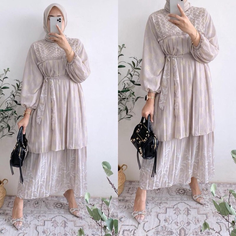 [ORI] Arsy Maxy Dress Plisket Ceruti Motif/Gamis Pleats Ruffle Susun Korean Bangkok Kekinian Terbaru