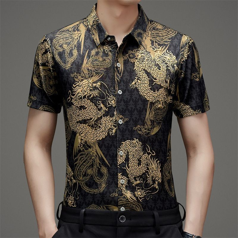 Kemeja Lengan Pendek Motif Naga, Baju Cetakan Tipis Muda dan Setengah Baya Sutra Es