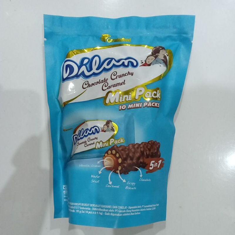 

Dilan Wafer Roll Krim Vanila dengan Krispi Biskuit Bersalut Karamel dan Cokelat 9.5 g @10 pcs / 95 gram