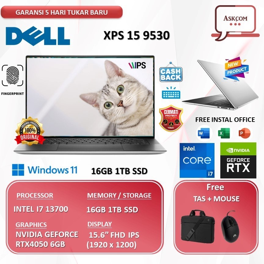 Laptop Gaming Dell Xps 15 9530 I9 13900 RTX4070 8GB 16GB 1TB SSD W11 15.6FHD
