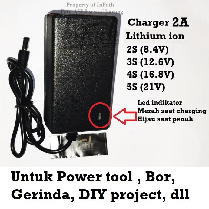 InFath - Carger Bor power tool Gerinda impact cordless charger adaptor BMS Lithium ion 2S 3S 4S 5S pemotong rumput JLD Modern Ryu NRT PRO sprayer li-ion LXT 8.4V 12.6V 16.8V 21V  2A