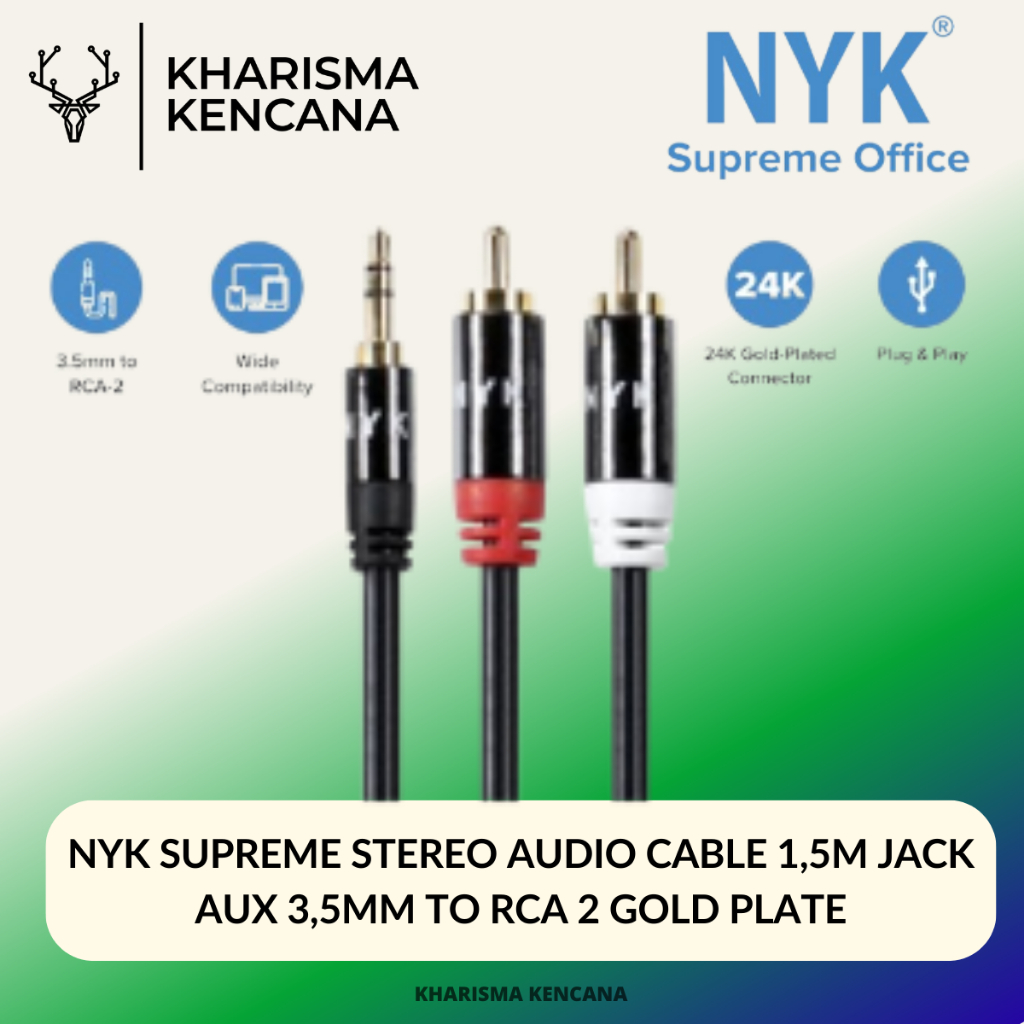 NYK SUPREME STEREO AUDIO CABLE 1,5M JACK AUX 3,5MM TO RCA 2 GOLD PLATE