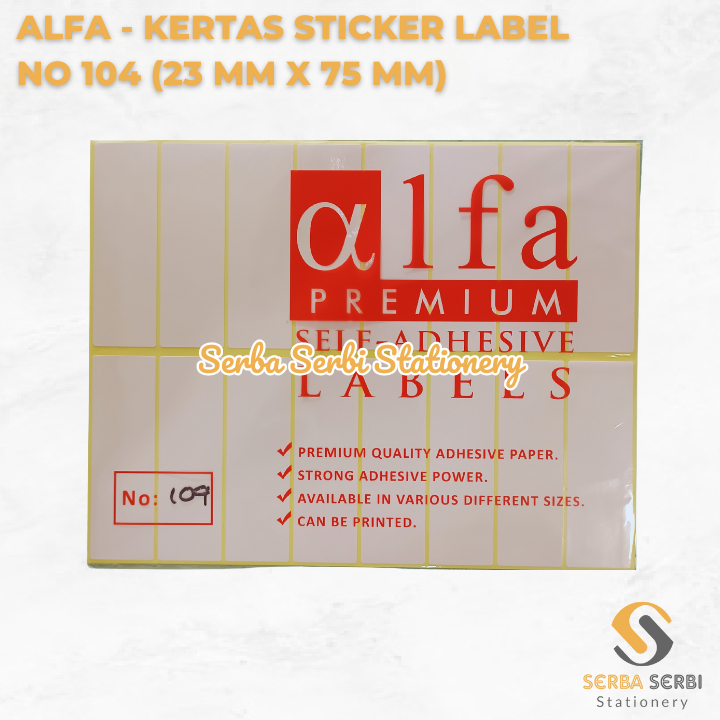 

(1 PAK ISI 7 LEMBAR) ALFA - KERTAS STICKER / STIKER LABEL HARGA / NAMA / UNDANGAN NO 104 (23 MM X 75 MM)