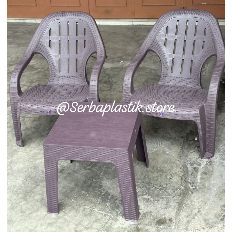 Set 2 KURSI + 1 MEJA / set tikar kursi tebal santai plastik motif tikat anyaman plastik meja cafe le