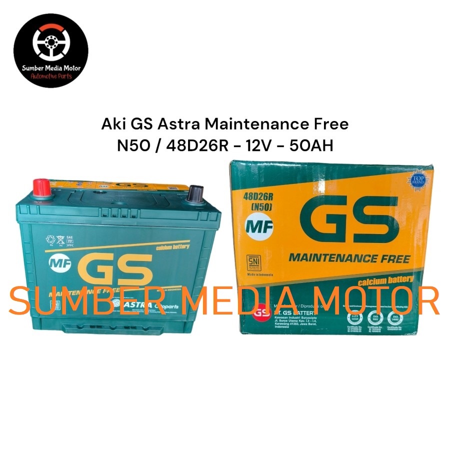 Aki Accu Kering Mobil GS MF Astra Maintenance Free N50 48D26R 12V-50AH Original