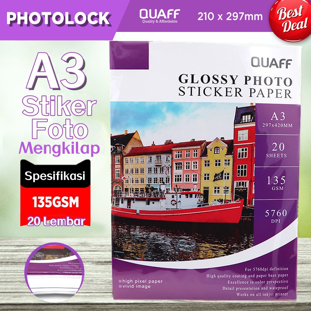 

Kertas Stiker Foto QUAFF 135gsm Ukuran A3 Mengkilap (20 lembar/bungkus)