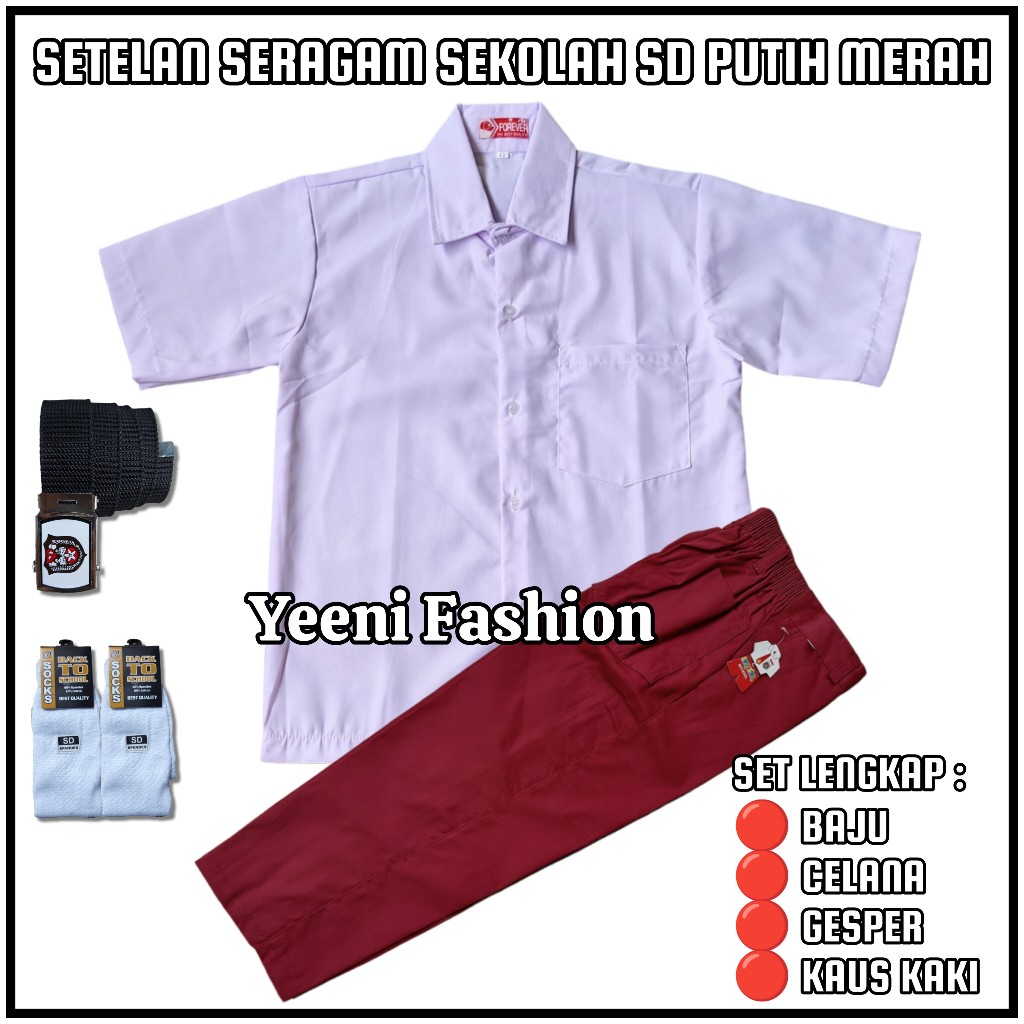 Setelan Seragam Sekolah SD/MI Putih Merah Putra Baju Putih Polos Lengan Pendek Celana Merah Panjang