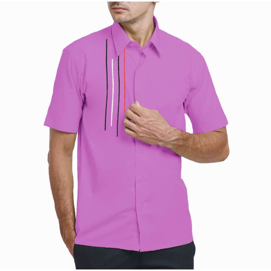 Kemeja Bordir Lilac Lengan Pendek Pria Dewasa Katun Poplin