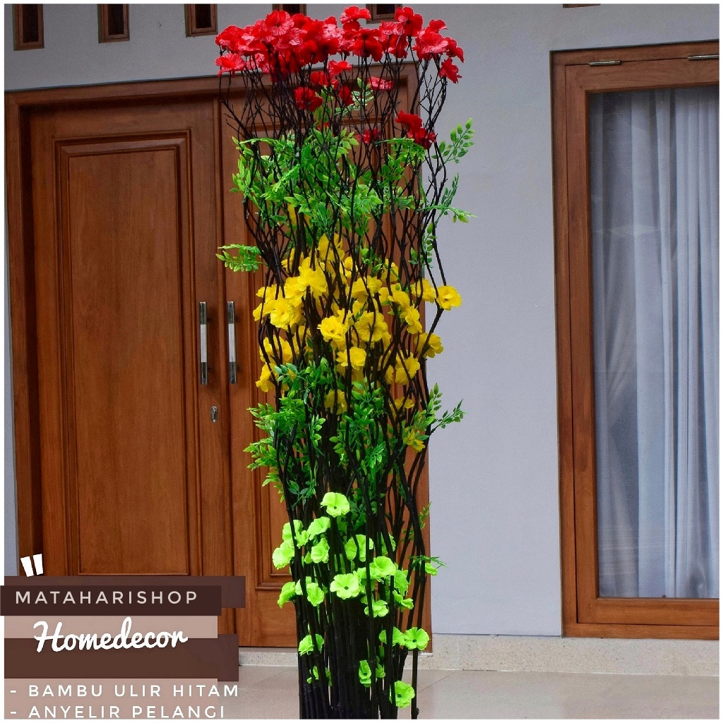 bunga plastik 10 Btg Bambu Ulir Hitam Anyelir Pelangi 170cm (Tanpa Pot)