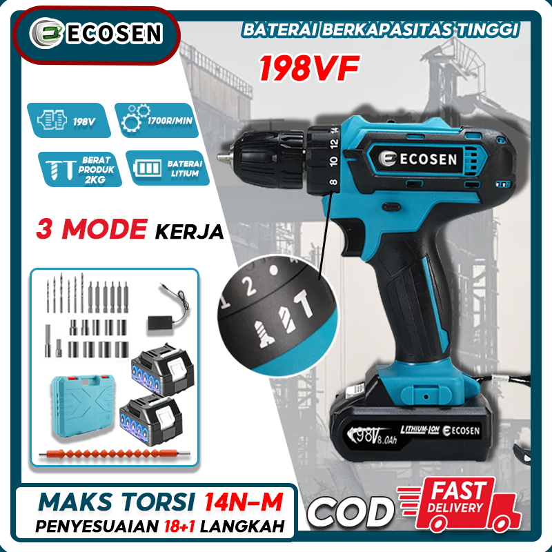 ECOSEN 198VF Mesin Bor Impact Drill / Bor baterai / Bor Tanpa Kabel / Bor Listrik 198Vf / Bor Listri