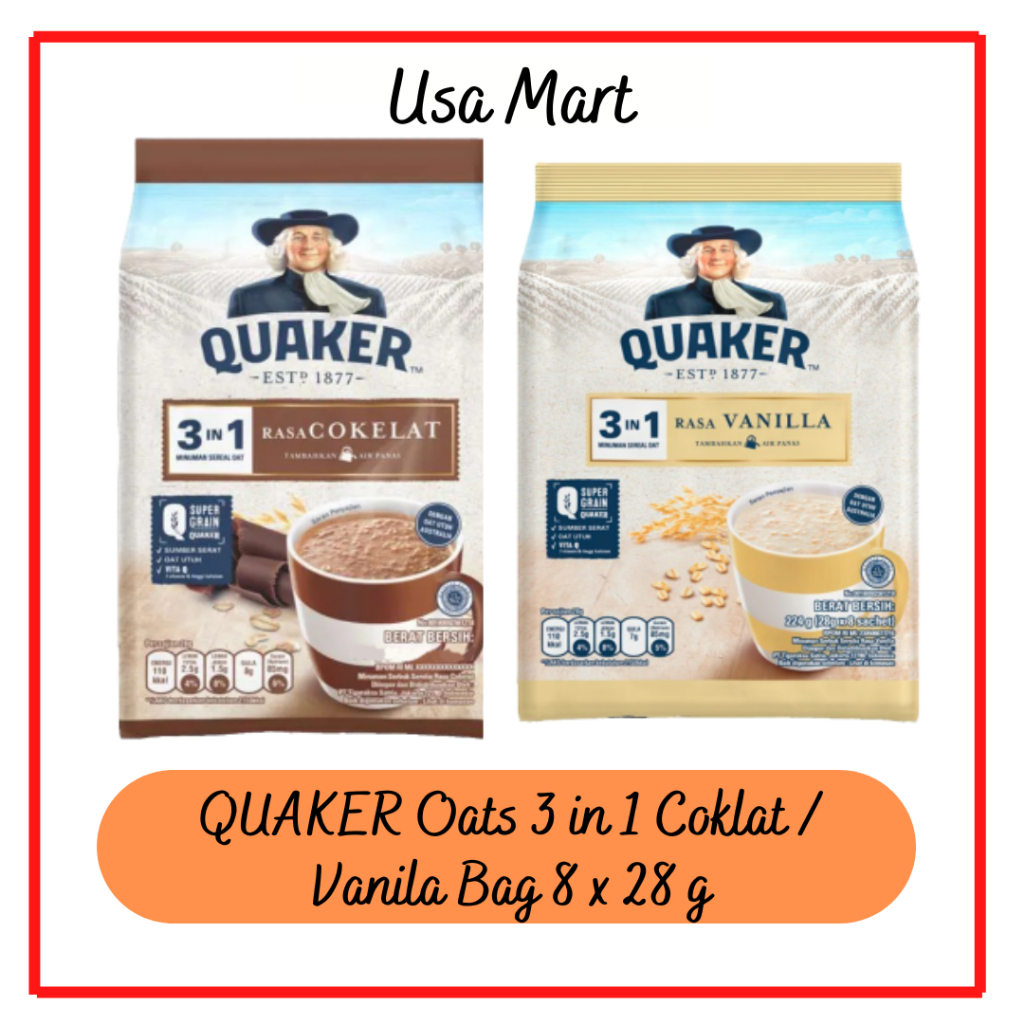 

Quaker 3in1 Chocolate / Vanilla / Mocca Polybag 224g Minuman Sereal Oats (Isi 8 sachet)