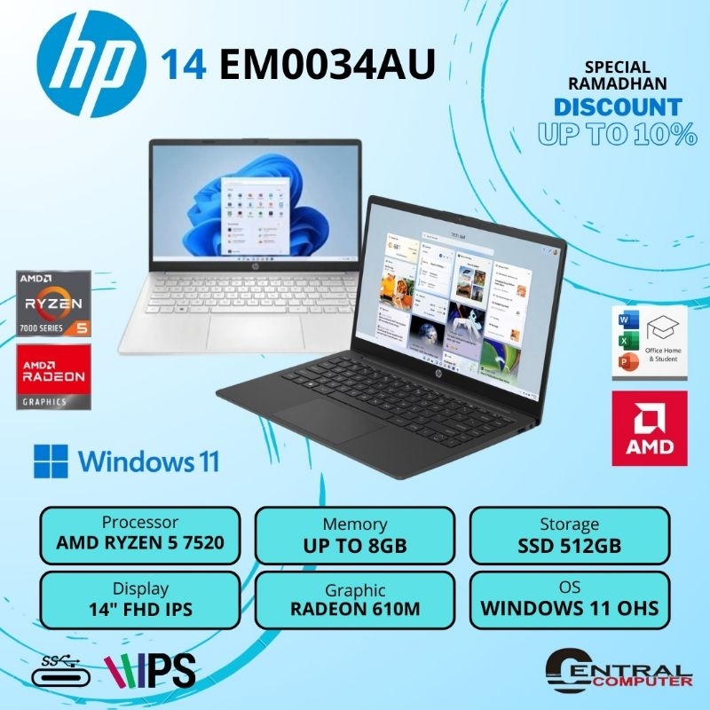 HP EM0034AU  | AMD RYZEN 5 7520 | UP TO 8 GB | SSD 512 GB | RADEON 610M | Windows 11 OHS