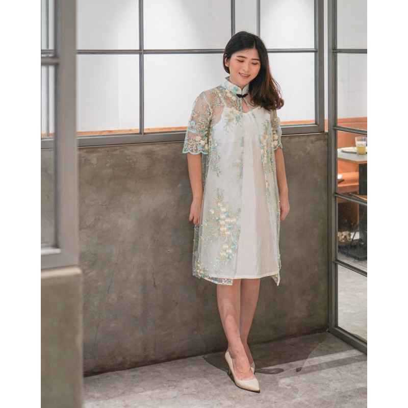 ONE SET GREEN QIPAO SATU SET TANKTOP DAN OUTER