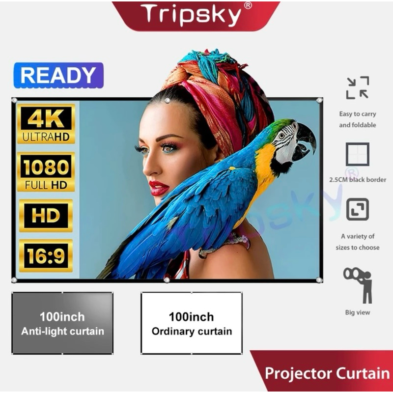 Tripsky NEW Layar Dinding Proyektor Tahan Cahaya Layar Dinding Proyektor 72 Inch Roll