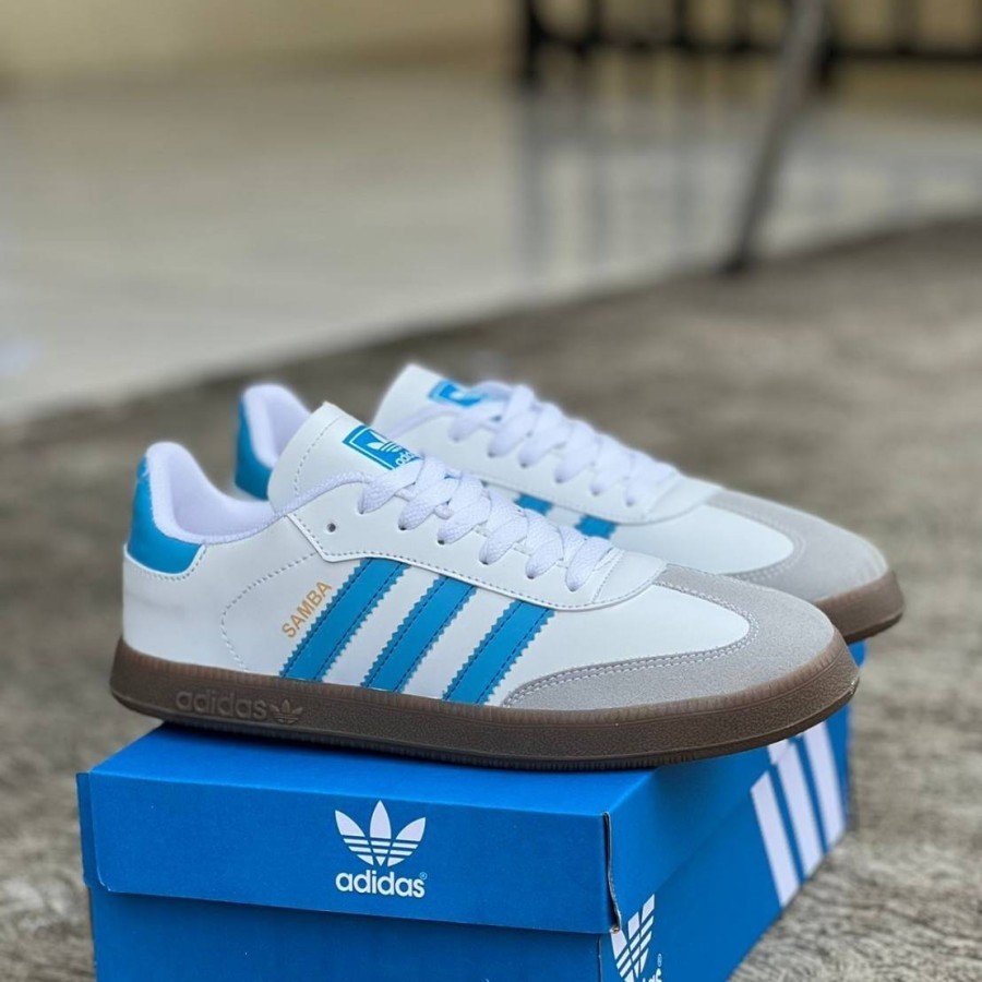 Sepatu Olahraga Adidas Samba New BLUE WHITE Putih Garis Biru Original BNWB