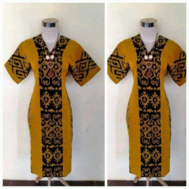BAJU TENUN WANITA, DRESS TENUN ETNIK WANITA, DRESS TENUN MIX LENGAN TOYOBO,DRESS PESTA