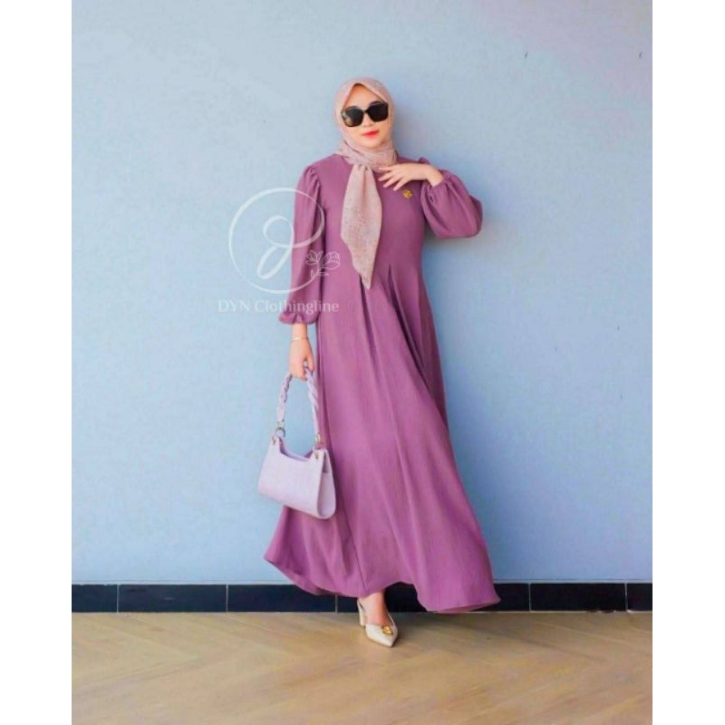 Karin Dress Gamis Muslimah Crinkle Airflow Busui Friendly Lengan Balon Karet Premium