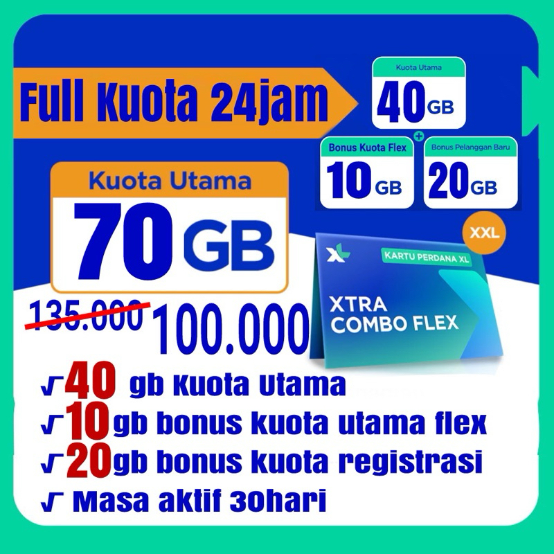 Kartu Perdana Kuota internet termurah XL Combo Flex xl 40GB+10GB+20GB siap pakai