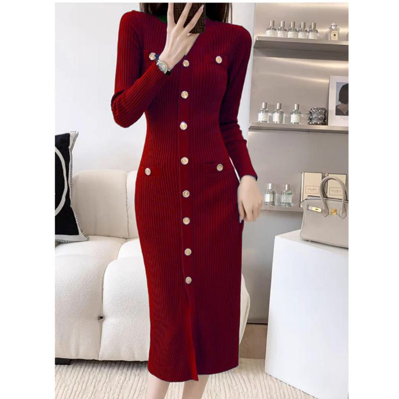D8620 Baju DRESS ALQURA KNITTED BUTTON RAJUT BODYCON MIDI DRES Korea Korean style wanita premium imp