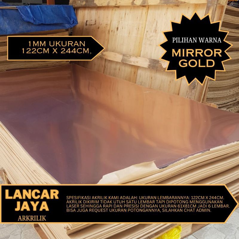 Akrilik Mirror lembaran warna Gold tebal 1mm ukuran 122cm X 244cm, Acrylic Sheet