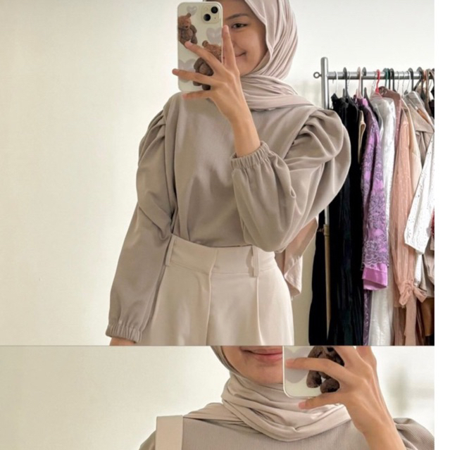 PUFFY SHOULDER TOP BLOUSE KNIT RIB LENGAN BALON