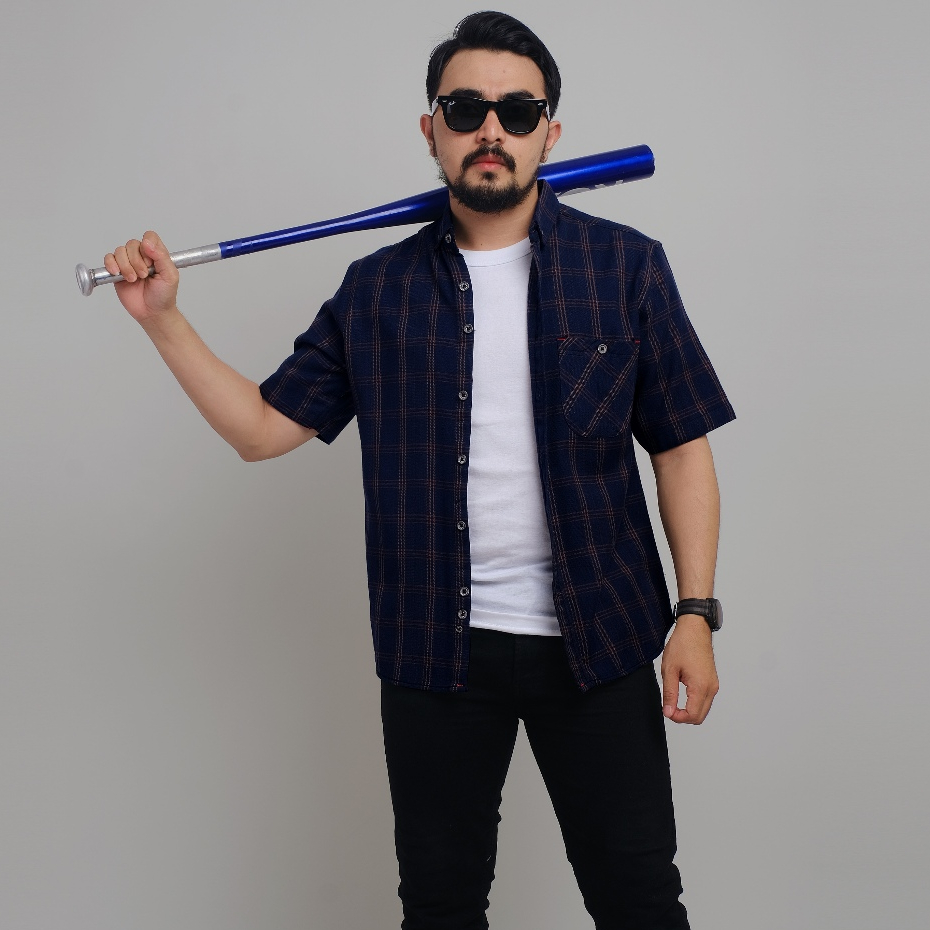 DGM Kemeja Pria Flanel Pendek Premium Biru Dongker List Coklat Kecil 2219