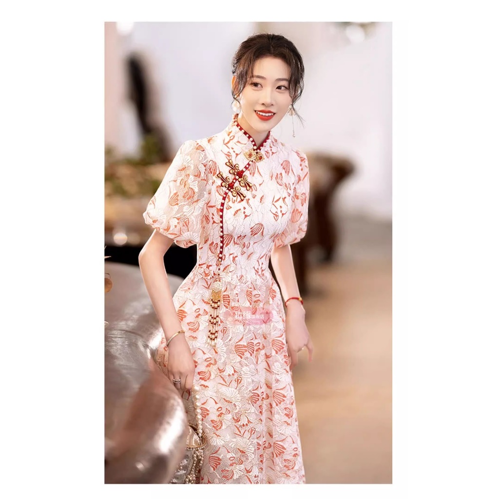 Gaun Pesta 2404002 Cheongsam Putih Merah Lengan Pendek Party Dress