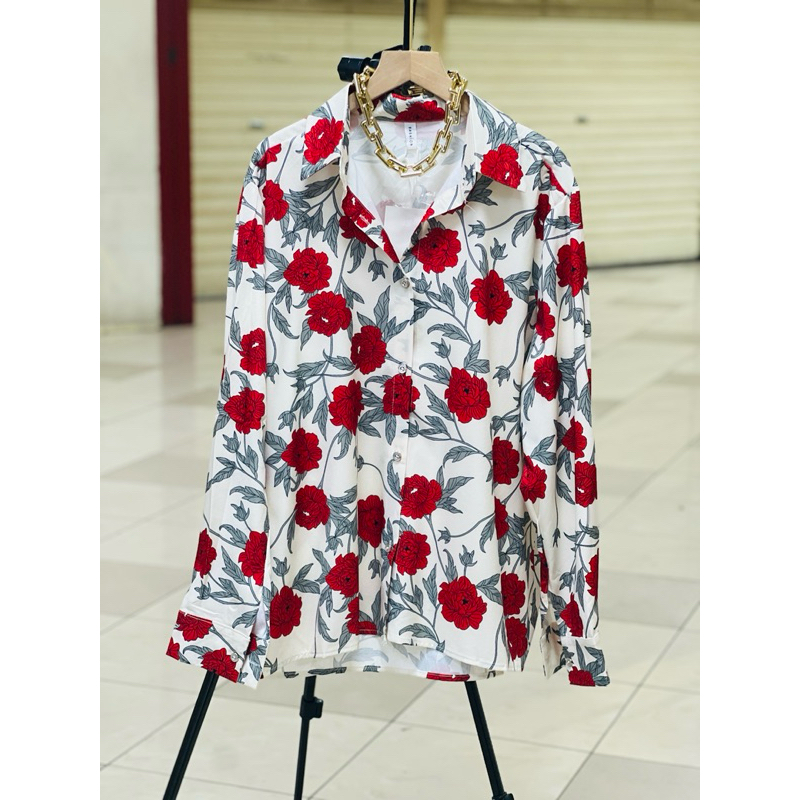 Kemeja wanita bangkok motif cewek silk kekinian KEMEJA BUNGA ROS LD 114 PJG 70