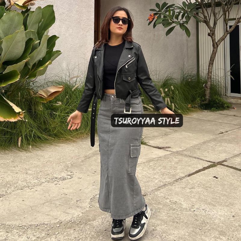 ROK CARGO JEANS // Rok Cargo Jeans Panjang Belah Belakang. Rok Span Jeans Cargo