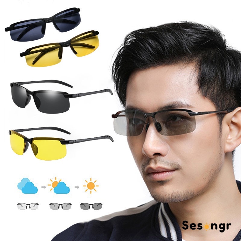 kacamata potokromik Pria Kacamata Hitam Frameless Malam Mengemudi melindungi UV Kacamata Berkuda Wan
