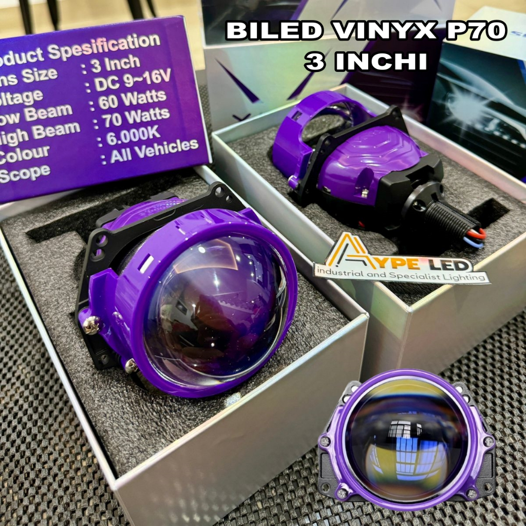 ORIGINAL BILED PROJIE PROJECTOR VINYX P70 P75 3 INCHI PURPLE LENS LASER HIGH BEAM HIGH QUALITY
