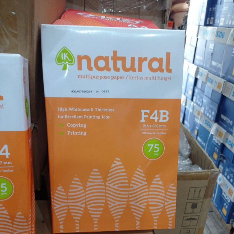 

Kertas HVS merek natural 75 gsm ukuran F4 dan A4 (F4 216mmx330mm) (A4 210mmx297mm) 500sheets