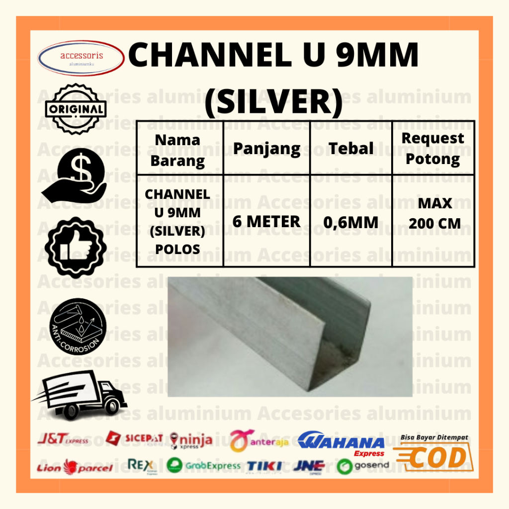 CHANNEL U 9MM / ALUMINIUM / PANJANG 6 METER