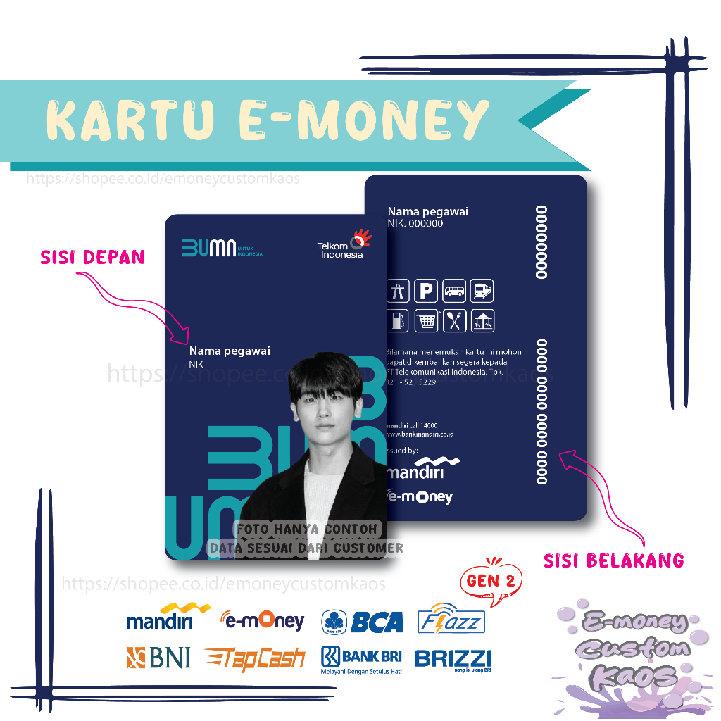 KARTU EMONEY ID CARD TELKOM BUMN MANDIRI FLAZZ BCA GEN 2 BNI TAPCASH BRIZZI BRI NAME TAG - 2 SISI
