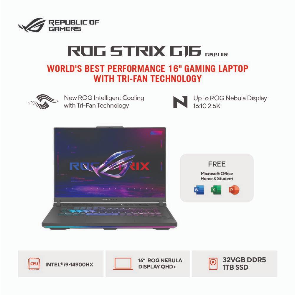 Asus ROG Strix G16 G614JIR-I947C6G-O (Intel® Core™ i9/DDR5 32GB/1TB SSD/Windows 11 Home/NVIDIA® GeForce RTX™ 4070 Laptop GPU) - Eclipse Gray