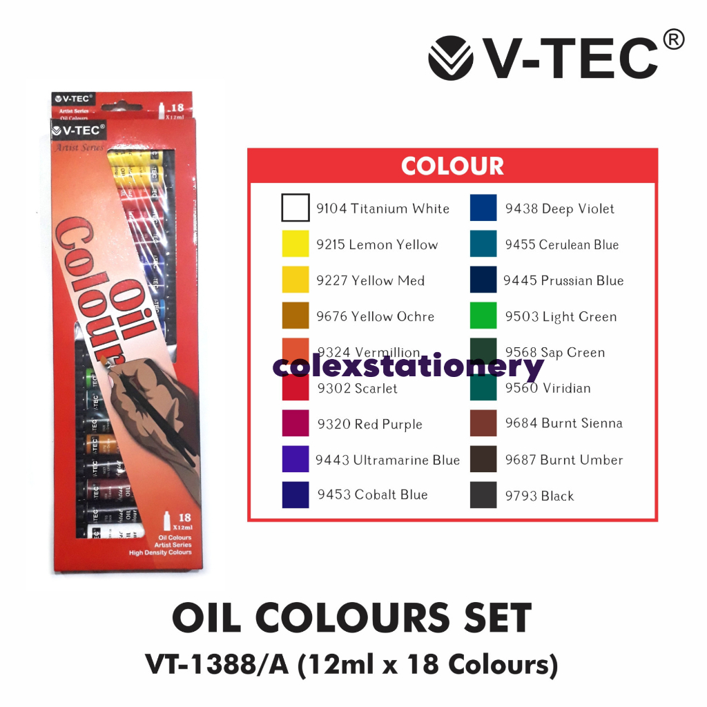 

Oil Colour / Cat Minyak Oil Paint / Cat Minyak Lukis Isi 18 Warna Ukuran 12ml VT-1388 Vtec