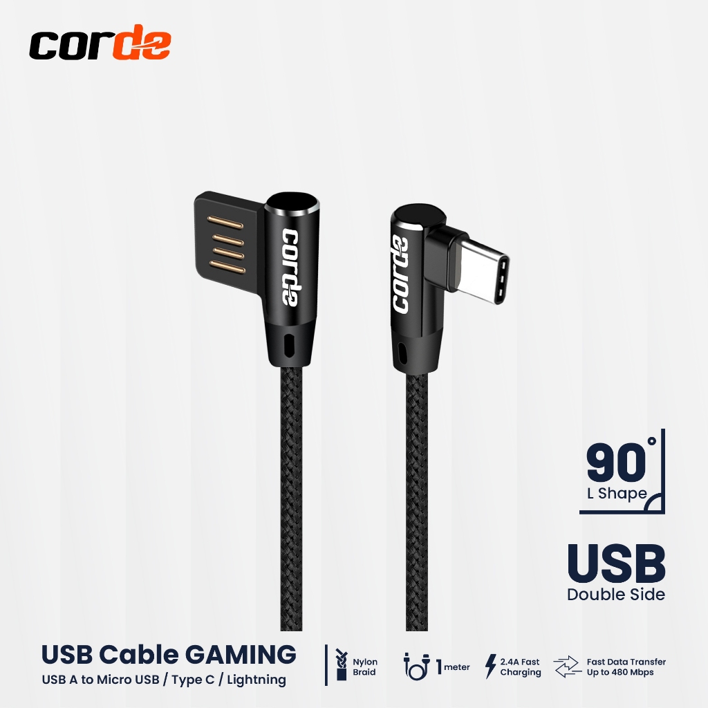 CORDE Kabel Data Elbow Fast Charging Micro USB/Type C/Lightning 2.4A Gaming Series