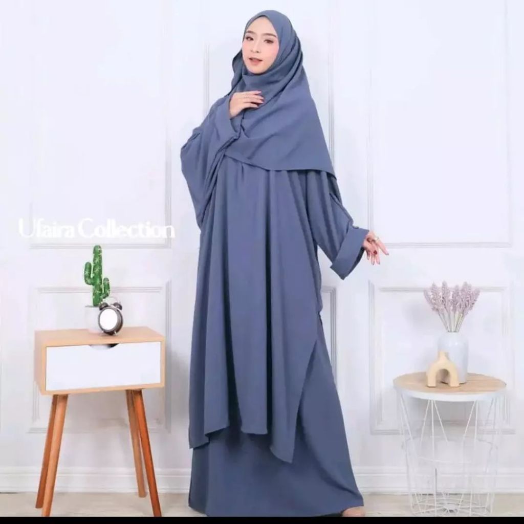 Setelan Abaya Rok Bahan Crinkle Airflow (PLUS HIJAB PASHMINA) / Saskia Set Rok Syari M XL XXL / Sete