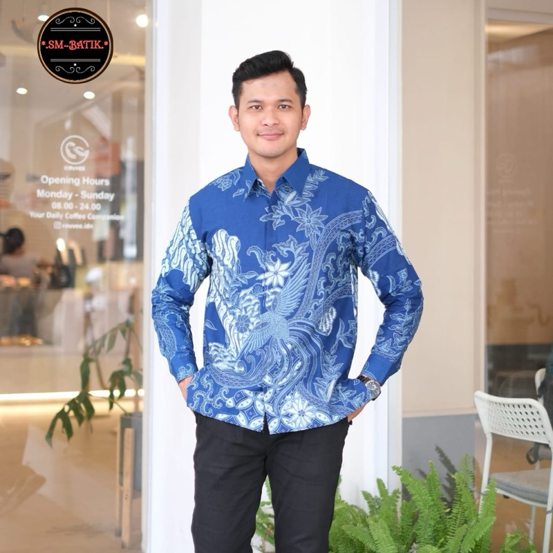 PEJUANG NAVY Kemeja Batik Pria Solo Asli Lengan Panjang Katun Halus Full Furing Batik Solo Sejahtera