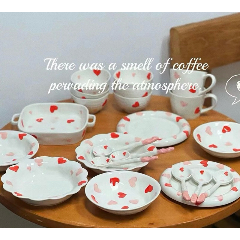 PM 16 SATUAN Piring Mangkok Keramik Motif Hati Besar Tahan Panas / Piring Makan Mangkuk Saji Sop Kua