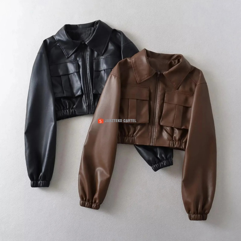 JNK x GECKO - Jaket Kulit Sintetis Viena Premiun Branded Semi Crop Top Boxy Coklat HItam Wanita Pria