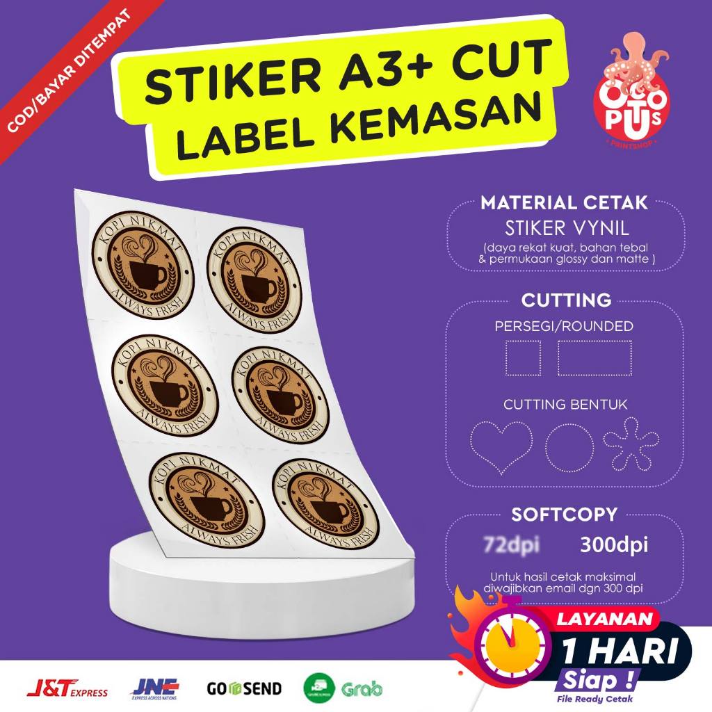 

CETAK STIKER LABEL VYNIL PUTIH A3+ CUT / CETAK LABEL KEMASAN MAKANAN