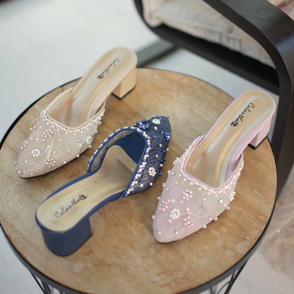 Deu_Calantha Sepatu Pesta Wanita Wedding Shoes Selop Payet Arabelle Heels 5 Cm Berbahan Brokat Insol