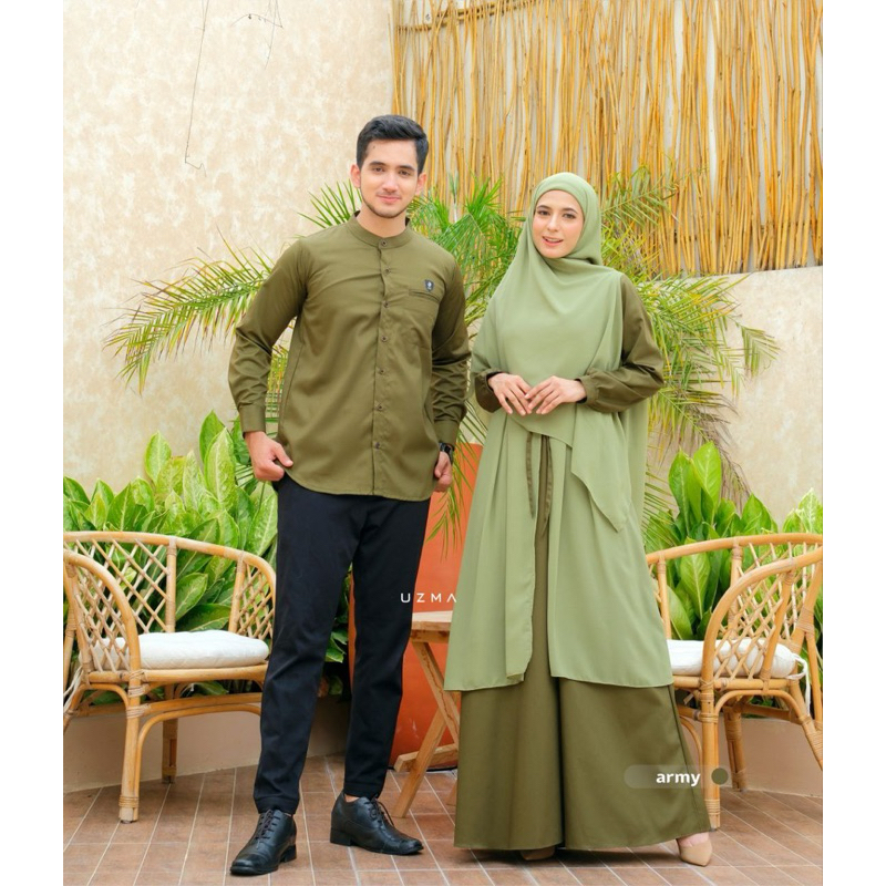 Kahfiya Couple Set Dress dan Koko Gamis Look Outer Avocado Green Army Sage Hijau Set Khimar