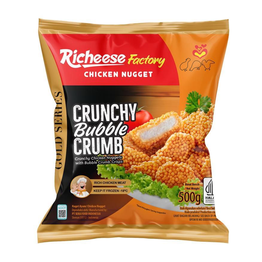 

CHICKEN NUGGET RICHEESE FACTORY CRUNCHY BUBBLE CRUMB GOLD SERIES 500GR HALAL NAGET AYAM KRISPI